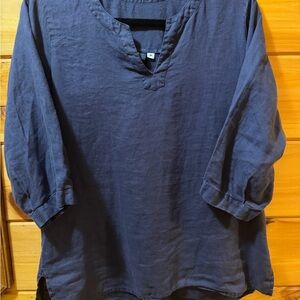 Guru Relaxed Navy V-Neck Tunic Top - 3/4 Sleeve Linen